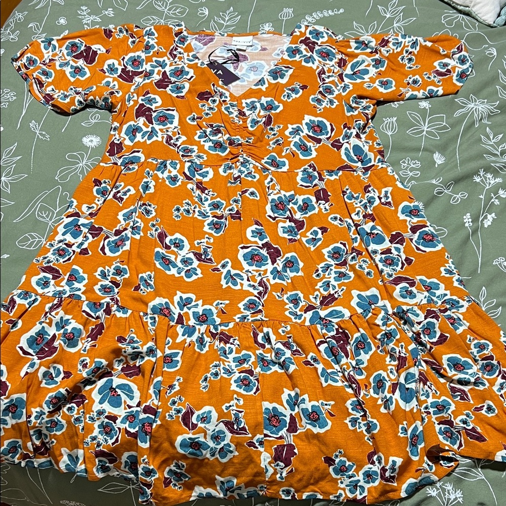 *NWT* Ava & Viv Orange Floral Midi Dress with POCKETS!!